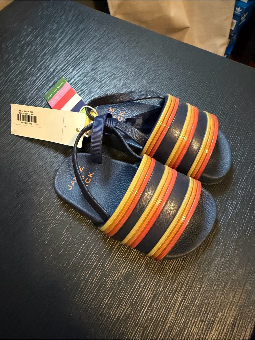 Janie and Jack Navy Kids Sandals with Orange and Yellow Stripes - Size 5c